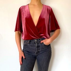 Zara velvet deep v bodysuit - deep blush pink